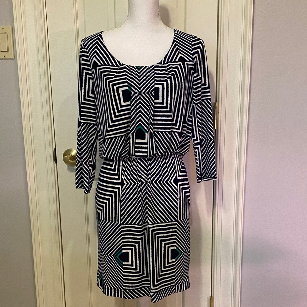 Geometric Navy and White Dress with green accents